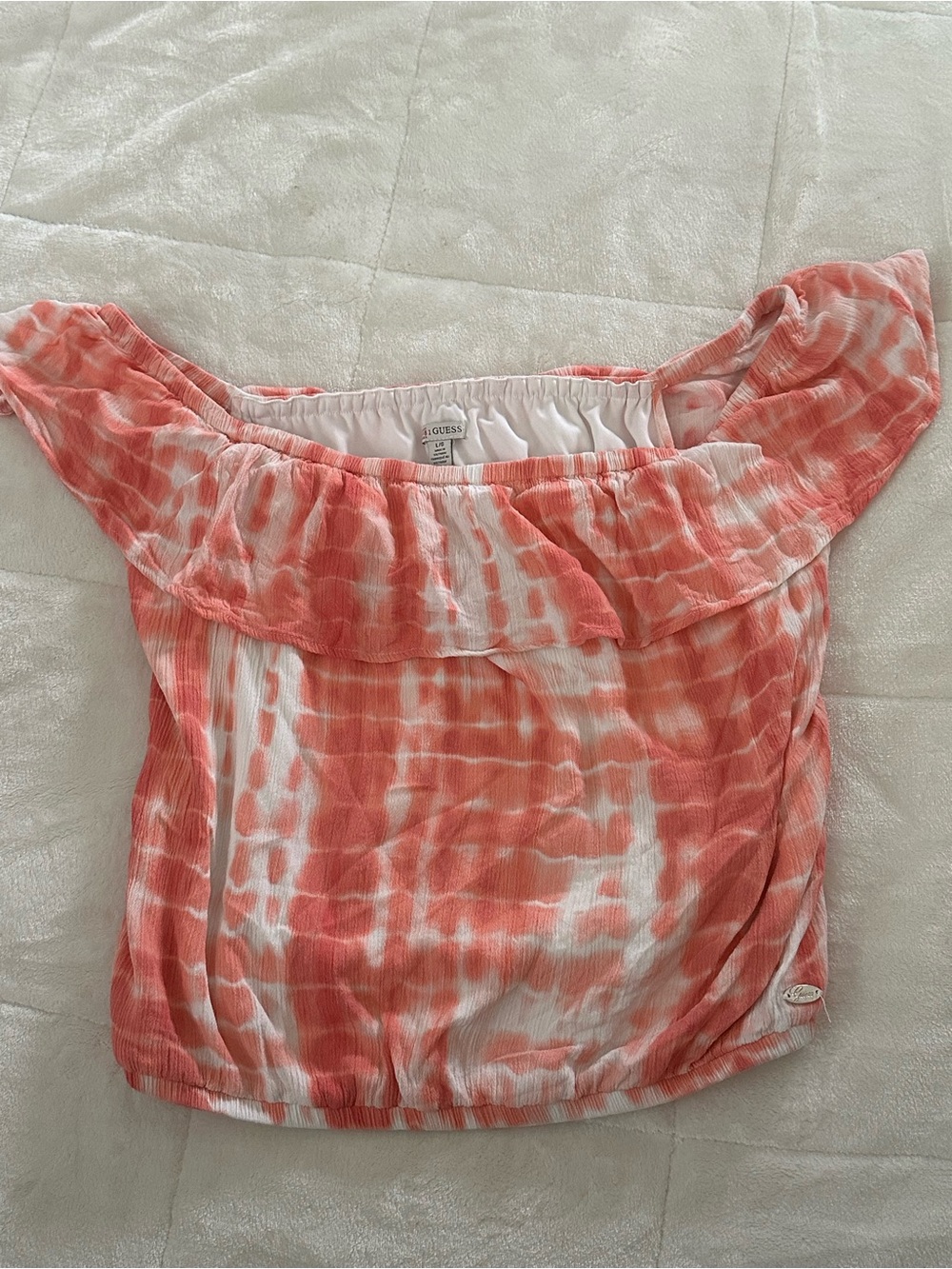 Guess Coral and White Tie-Dye Off-Shoulder Ruffle Crop Top